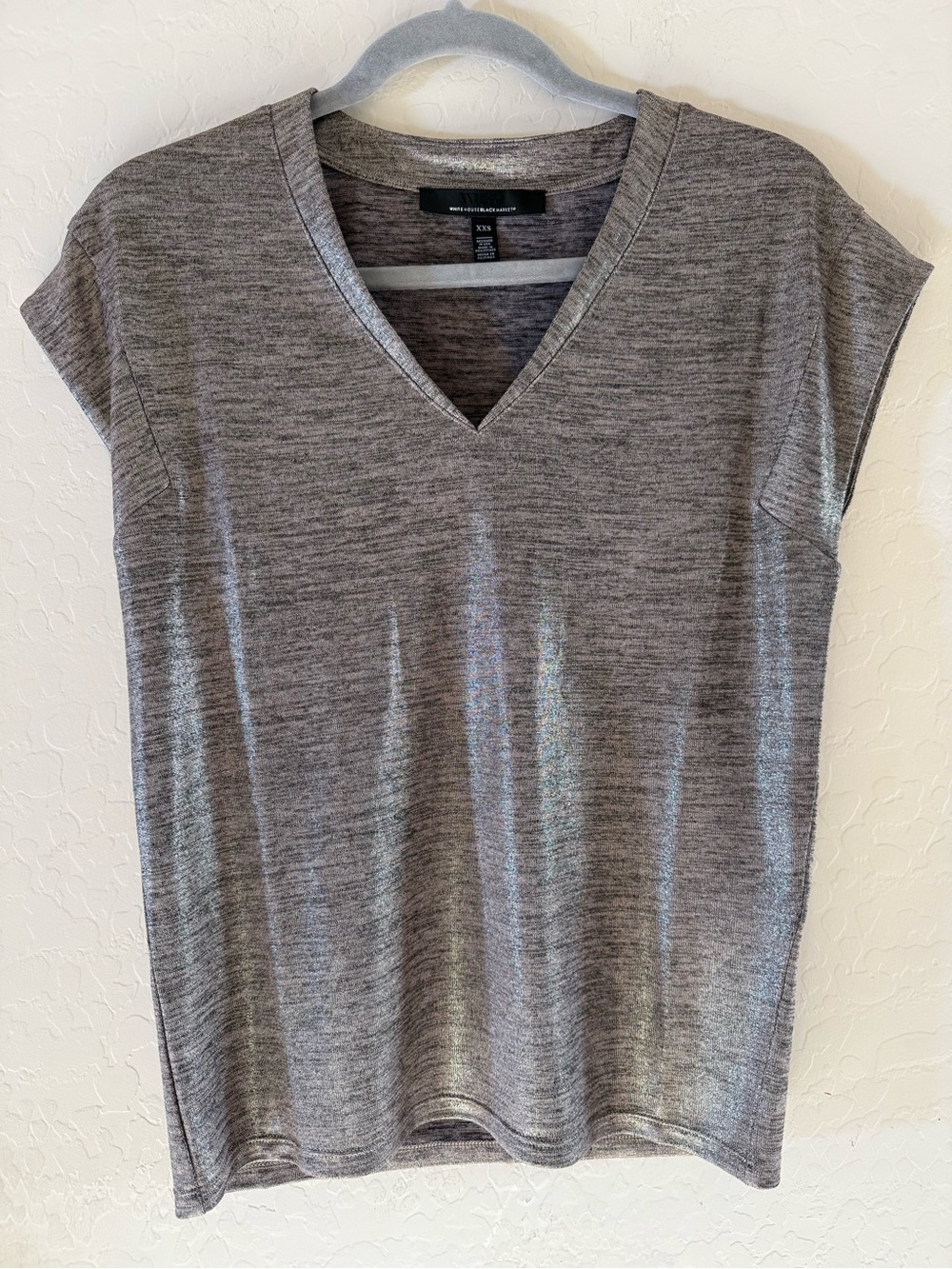 White House Black Market, XXS, gray metallic V-neck short-sleeve tee